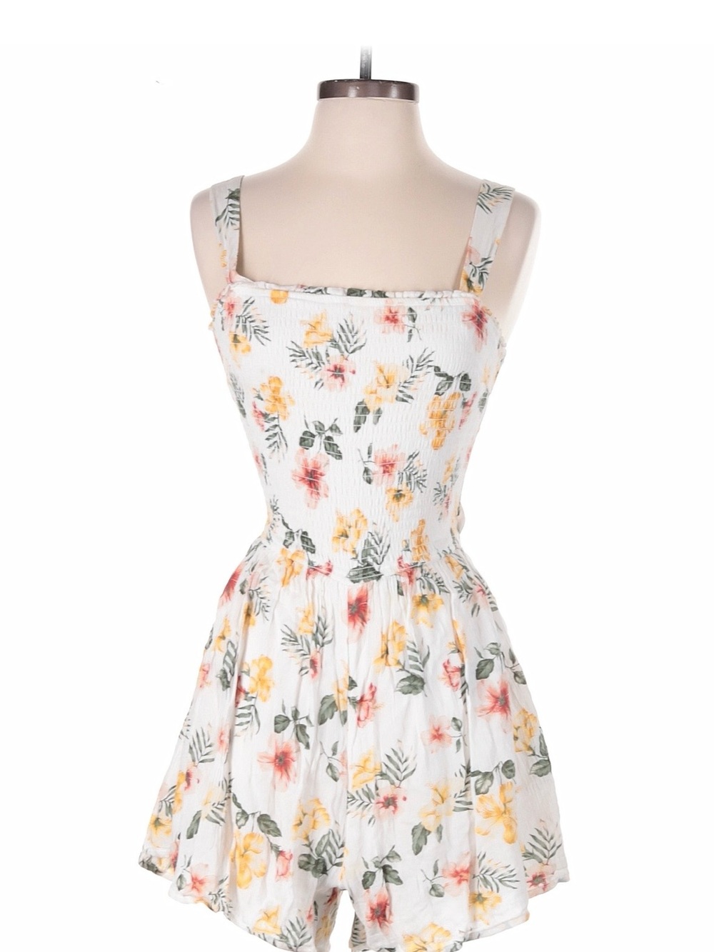 Hollister White Floral Smocked Romper with Yellow & Pink Flowers